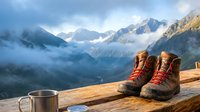 Worn hiking boots and metal mug on wooden deck overlooking misty mountain valley with snow-capped peaks and dramatic clouds for outdoor adventure concepts.