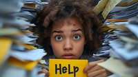 Young African American woman with curly hair holding help sign surrounded by overwhelming stacks of paperwork and documents expressing stress and burnout.