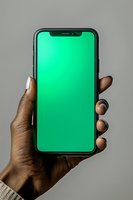 African American woman's hand holding modern smartphone with bright green screen display against neutral gray background. Mockup ready for content.