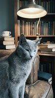 Gray Russian Blue cat resting on a leather armchair in a cozy home library with books and a glowing desk lamp.