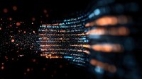 Digital code streams with glowing blue and orange particles floating in dark space, creating futuristic technology visualization for cybersecurity and programming concepts.