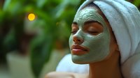 Young African American woman with green clay facial mask and white towel wrapped around head relaxing during spa skincare treatment with eyes closed and serene expression.