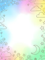 Pastel rainbow gradient background with hand-drawn celestial elements including stars, moons, clouds and swirls creating dreamy border frame for text space.