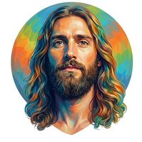Digital portrait of bearded man with long wavy hair against vibrant rainbow geometric background. Stylized artwork with warm lighting and colorful abstract design.