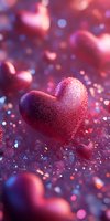 Red glittery hearts floating with sparkles and bokeh effects on purple and pink background, romantic atmosphere for Valentine's Day and love concepts.