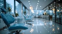 Modern dental clinic interior with blue treatment chairs and bright lighting creating professional healthcare environment for patient care and medical services.