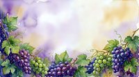 Watercolor grape clusters with green leaves creating decorative border frame on soft purple and yellow background for wine labels and harvest designs.