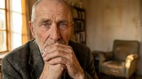 Senior Caucasian man with wrinkled face and bald head sitting thoughtfully with hands clasped in warm indoor setting. Elderly grandfather portrait concept.