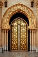 Ornate golden doors with intricate Islamic patterns and decorative arches in traditional Moroccan architectural style, featuring detailed arabesque carvings and stone columns.