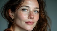 Young Caucasian woman with natural freckled skin and wavy brown hair looking directly at camera with gentle expression and green eyes in soft lighting.