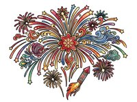 Colorful hand-drawn fireworks explosion with decorative swirls, stars, and ornamental flourishes on white background. Isolated clipart for design projects.
