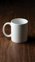 White ceramic coffee mug on rustic wooden table surface with warm lighting for kitchen and dining concepts.