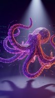Futuristic digital octopus with glowing neon tentacles in purple and orange colors against dark cyber background with geometric elements and light beam.