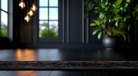 Dark wooden table surface with blurred modern interior background featuring pendant lights, window view and potted plant, creating moody atmosphere for product display.