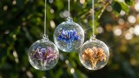 Three transparent glass ornaments hanging outdoors contain colorful dried flowers in purple, pink and orange hues against natural green bokeh background.