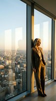 Professional businesswoman in elegant suit standing by floor-to-ceiling windows overlooking urban cityscape at golden hour for corporate success concepts.