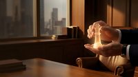 Businessman hands protecting glowing chess king piece in office with city skyline view symbolizing leadership strategy and business protection.