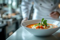 Creamy orange soup garnished with fresh herbs and croutons served in white bowl, with chef in background. Professional restaurant presentation on marble counter.