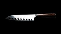 Santoku kitchen knife with serrated blade and dark wood handle, isolated on transparent background. Ready for t-shirt design, clipart, stickers, print-on-demand products and sublimation projects.