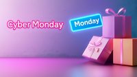 Pink and purple gift boxes with bows against gradient background with glowing neon Cyber Monday text, modern retail marketing concept for online shopping season.