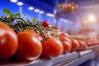Fresh ripe tomatoes on vine displayed in grocery store produce section with soft focus background and natural lighting effect for food retail concept.