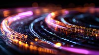 Glowing circular light trails with vibrant purple and orange hues against dark background create futuristic technology concept.