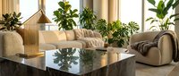 Modern living room interior with lush green houseplants, comfortable beige sofa, glass coffee table and natural lighting creating cozy home atmosphere.