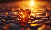 Glowing amber heart crystal on wet stones at sunset, magical golden light creating romantic atmosphere with bokeh reflections and warm tones.