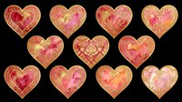 Ornate gold heart shapes with pink, red, and coral watercolor floral patterns isolated on transparent background. Ready for t-shirt designs, clipart, stickers, sublimation, print-on-demand products, and digital crafts.