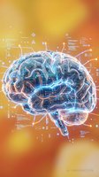 Digital brain with glowing neural networks and data interface elements on warm gradient background for artificial intelligence and technology concepts.