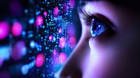 Close-up of woman's blue eye with digital particles and pink bokeh lights creating futuristic cyberpunk atmosphere. Concept of artificial intelligence and digital vision.