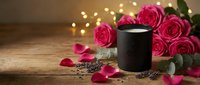 Black coffee mug with pink roses and fairy lights on rustic wooden table creating romantic morning atmosphere for Valentine's Day celebration.