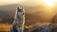 Majestic Siberian husky dog sitting on mountain cliff at golden sunset, overlooking vast wilderness landscape with warm backlighting highlighting fur.