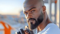 Confident African American man with well-groomed beard wearing white t-shirt, looking at camera with determined expression during golden hour lighting.