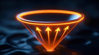 Glowing orange neon funnel with upward arrows showing data flow visualization against dark background, modern tech concept for business analytics.