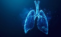 Digital visualization of human lungs created from glowing blue dots and lines on dark background, representing medical technology and respiratory system health.
