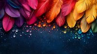 Vibrant multicolored feathers arranged in rainbow order with water drops on dark background create magical atmosphere for creative design projects and festive decorations.