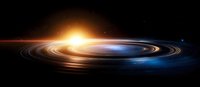 Glowing spiral galaxy with bright orange and blue light effects against dark space background, cosmic rings illuminated by stellar energy creating dramatic contrast.