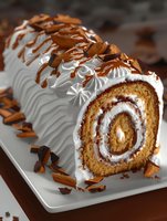 Vanilla swiss roll cake with whipped cream frosting, chocolate drizzle and chocolate shavings on white plate. Close up view of sliced dessert showing spiral pattern.