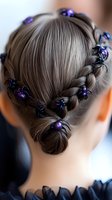 Halloween hairstyle with braided updo decorated with purple glitter spiders, view from back. Creative festive hair styling for costume party or themed event.