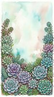 Watercolor succulent garden border frame with pastel green blue purple plants on soft textured background for botanical design projects.