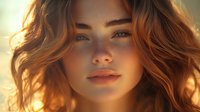 Young woman with freckles and wavy ginger hair in warm sunset lighting, close-up portrait showing natural beauty and glowing skin for beauty and lifestyle content.