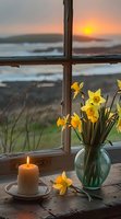 Yellow daffodils in glass vase and burning candle on wooden windowsill at sunset, creating cozy atmospheric scene with ocean view through window panes.