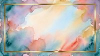 Soft watercolor clouds in pastel hues of pink, blue, yellow, and green with a golden frame border, isolated on white background for design projects.