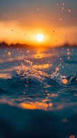 Ocean water splash at sunset with golden bokeh light effects and sun reflection on turquoise waves creating dynamic motion and summer atmosphere.