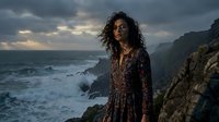 Young woman with curly hair in bohemian dress standing on dramatic coastal cliffs at sunset with stormy ocean waves and moody sky for lifestyle photography.