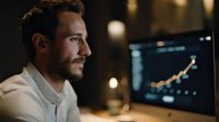 Young Caucasian businessman analyzing financial data on computer screen in modern office during evening hours for investment and trading decisions.