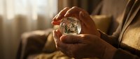 Hands holding crystal ball with magical sparkles and warm golden light in cozy interior setting for fortune telling and mystical predictions.