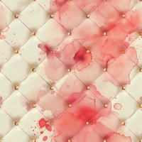 Luxury upholstery pattern with coral watercolor splashes on cream quilted texture, featuring diamond tufting and golden buttons. Seamless repeat design for decor.