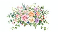 Lush floral arrangement featuring pink, peach and lavender roses with eucalyptus and greenery on isolated white background, suitable for wedding designs and invitations.